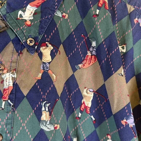 Vintage Argyle Golf Print Button Front Cotton Short Sleeve Shirt Size 2XT Casual - Picture 3 of 6
